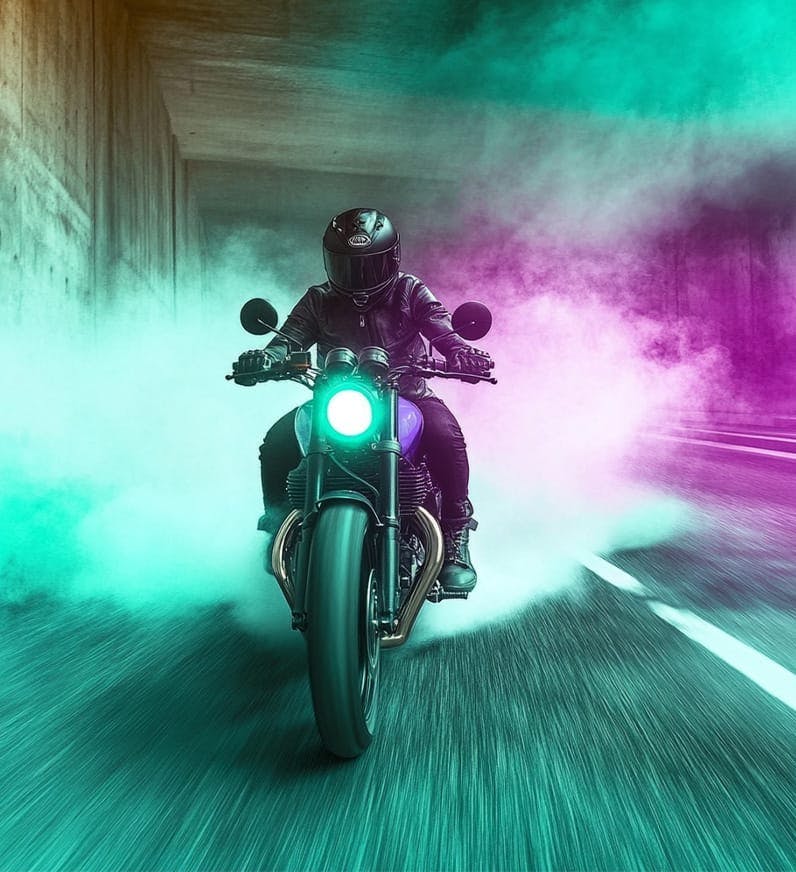 person on motorcycle with colorful powder behind them