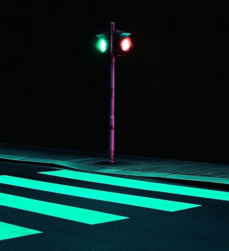 traffic light with a red and green light with a crosswalk under it