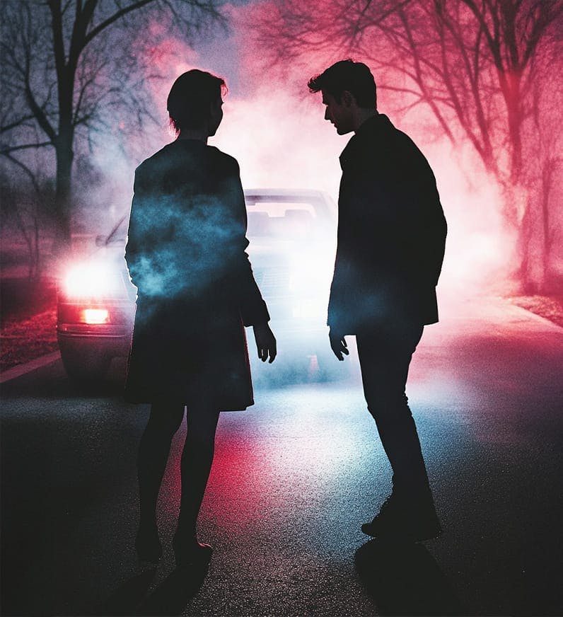 two people talking in front of a car