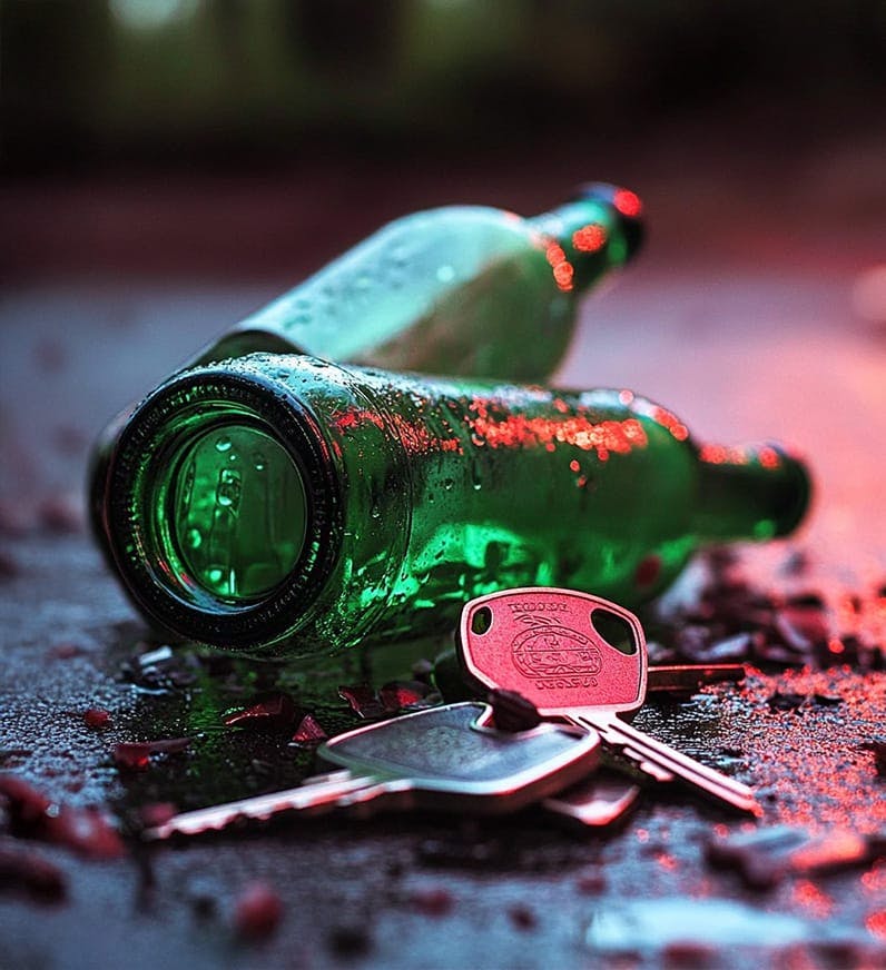 broken bottles and keys on the ground