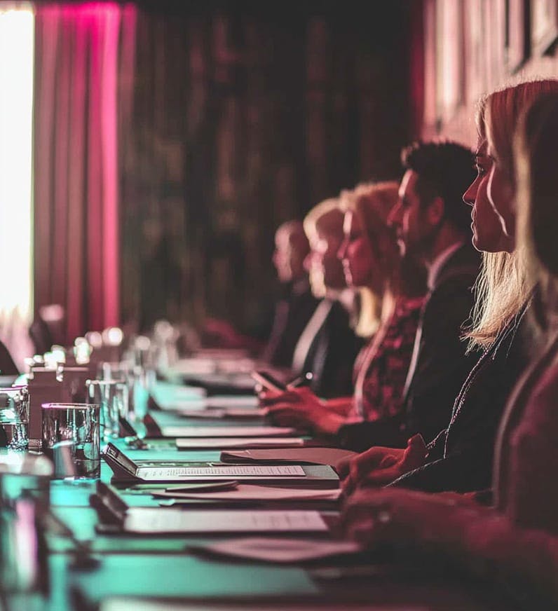 Many people sitting at a table with microphones