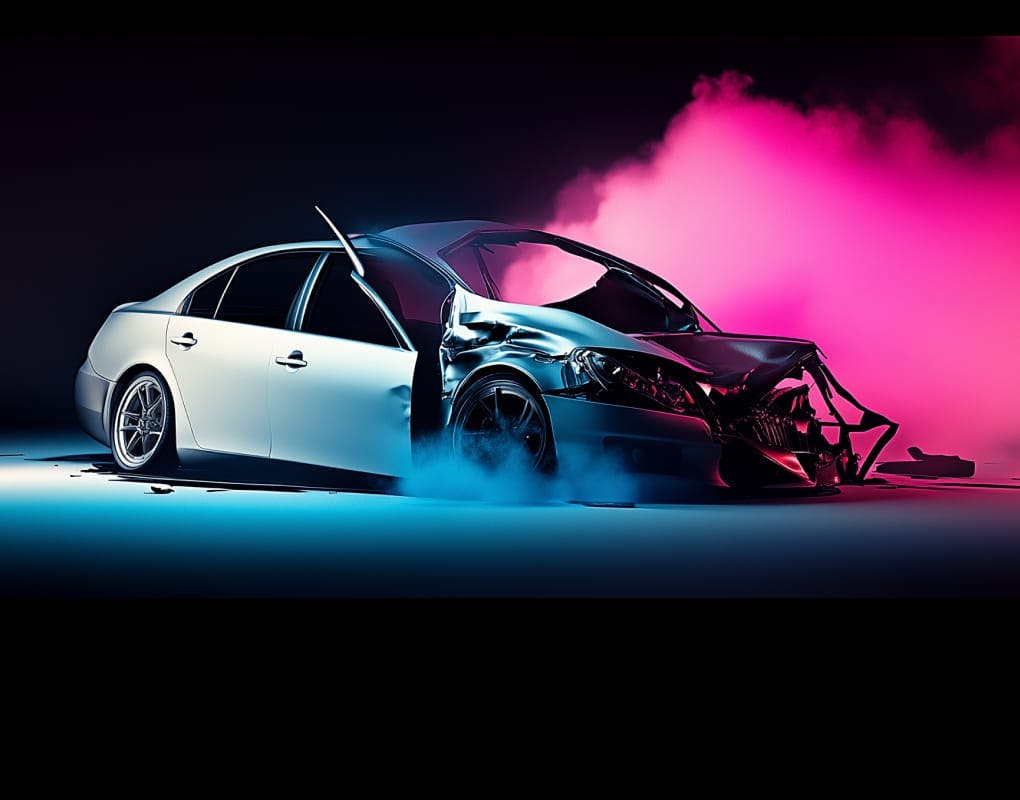 Wrecked car with pink smoke