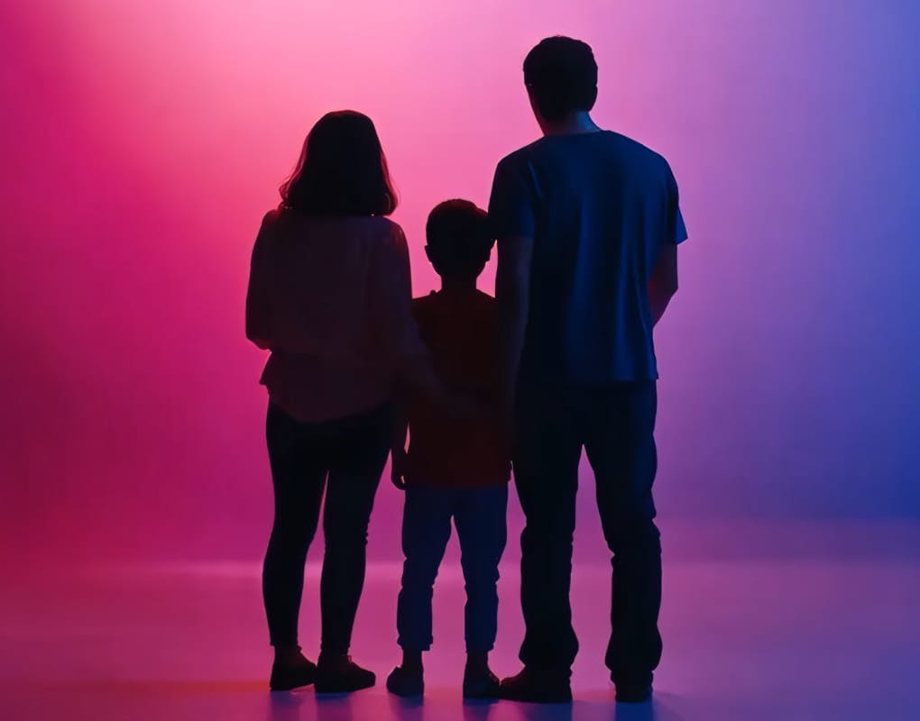 family standing in front of blue and pink background