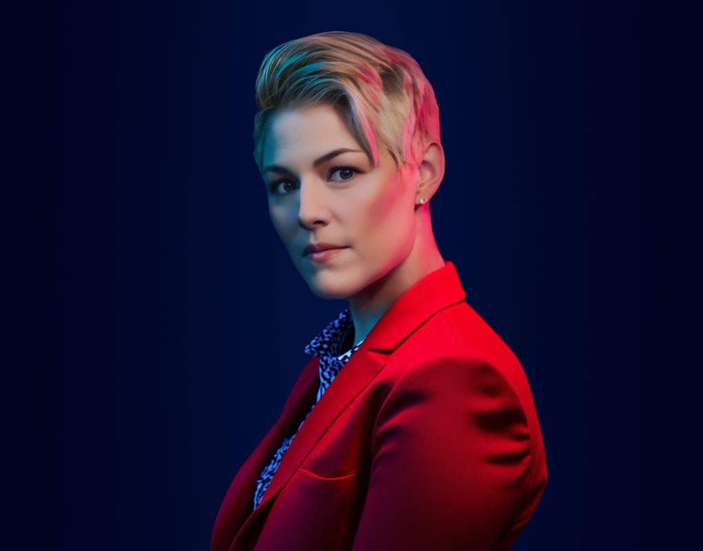 Brooke Goff in a red suit