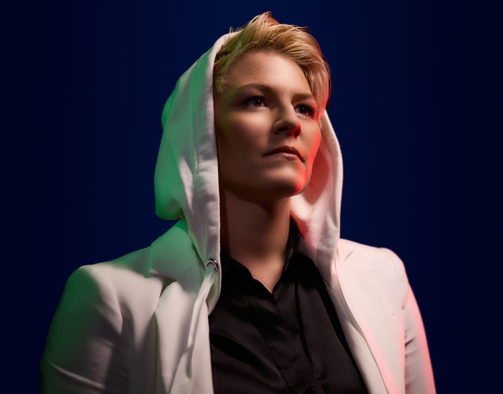 Brooke Goff in white hoodie