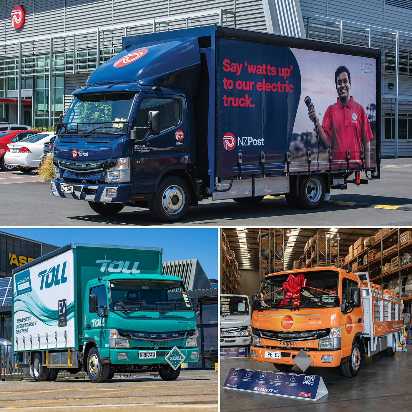Toll, Genesis, and NZ Post's FUSO eCanter vehicles from Keith Andrews.