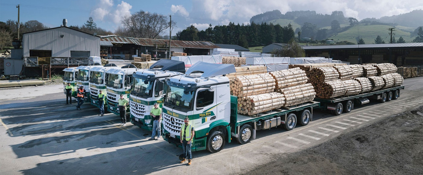 Max Birt's Mercedes-Benz 8x4 Arocs 3253L logging trucks from Keith Andrews.