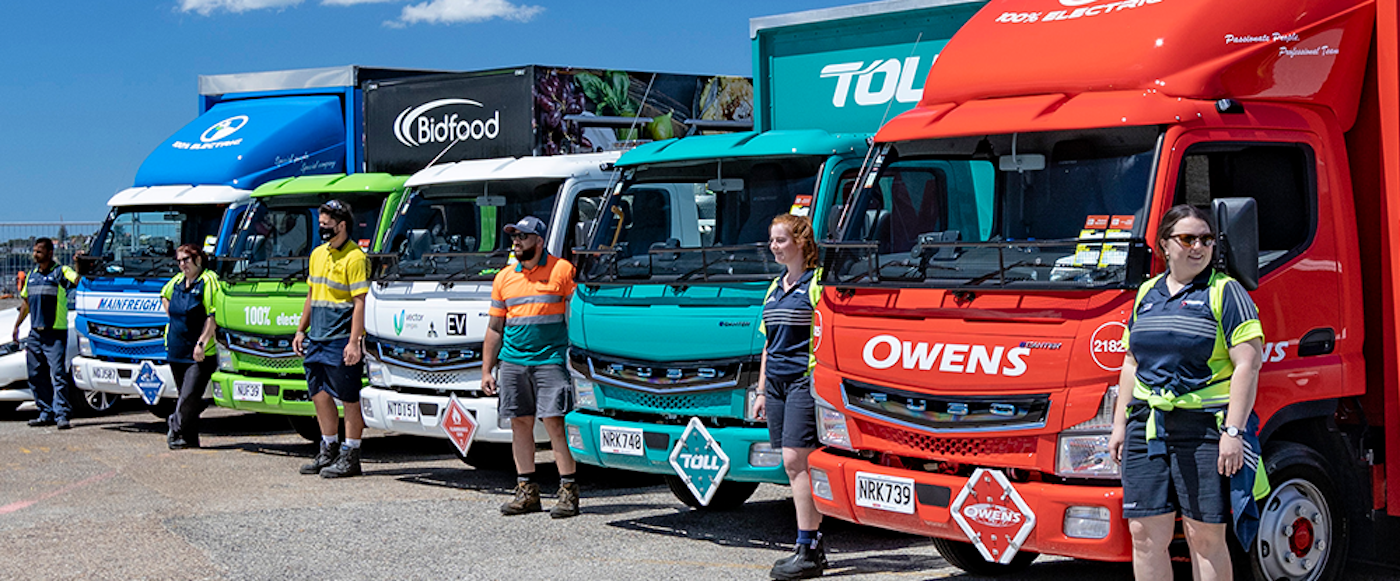 Lineup of various brands' FUSO eCanter vehicles from Keith Andrews.