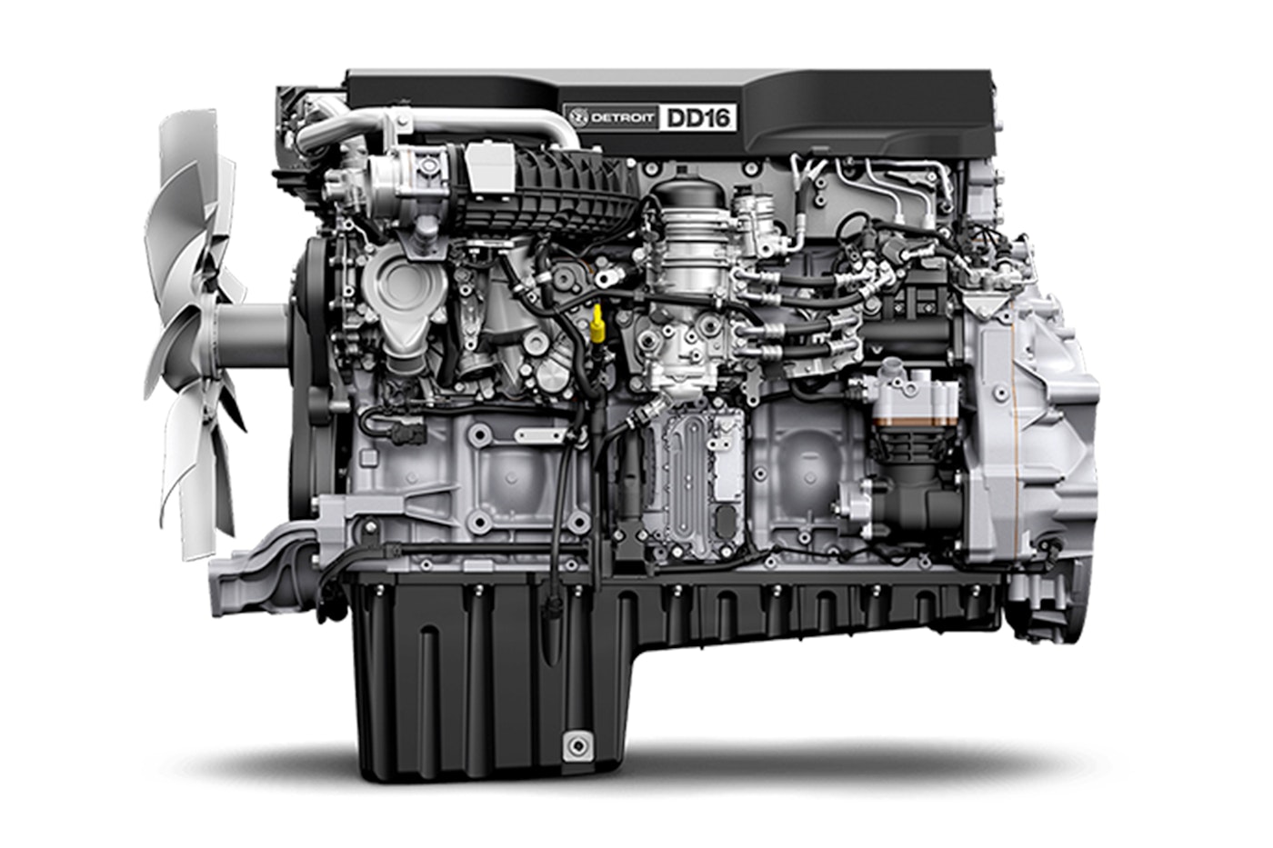 A Freightliner Cascadia's Detroit DD16 engine.