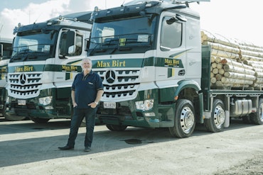 Max Birt's Mercedes-Benz 8x4 Arocs 3253L logging trucks from Keith Andrews.