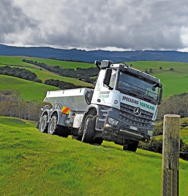 Spreading Northland's 6x6 Mercedes-Benz Arocs spreader from Keith Andrews.
