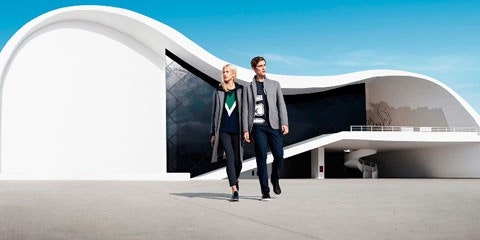 Man and woman walking towards camera