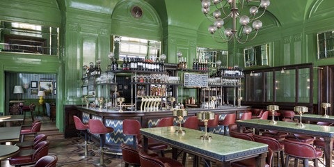 Inside a pub with tables and chairs