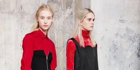 Two women in red and black