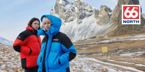 Man in red coat with woman in blue coat in mountains