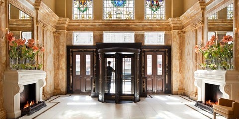 Lobby with brown doors