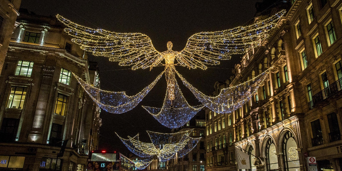 Angel wire model covered in lights