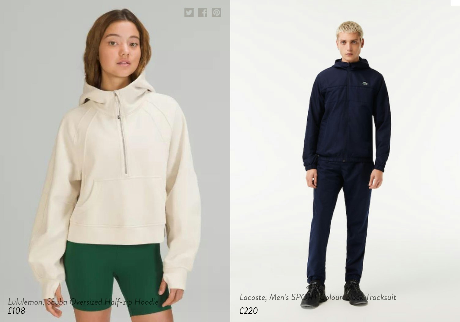 Woman in white jumper and green shots, man in black tracksuit