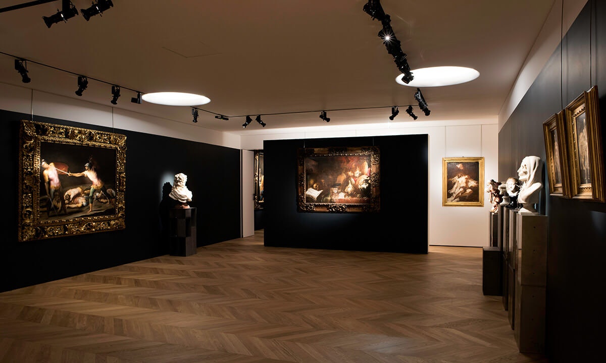 Inside a dark gallery