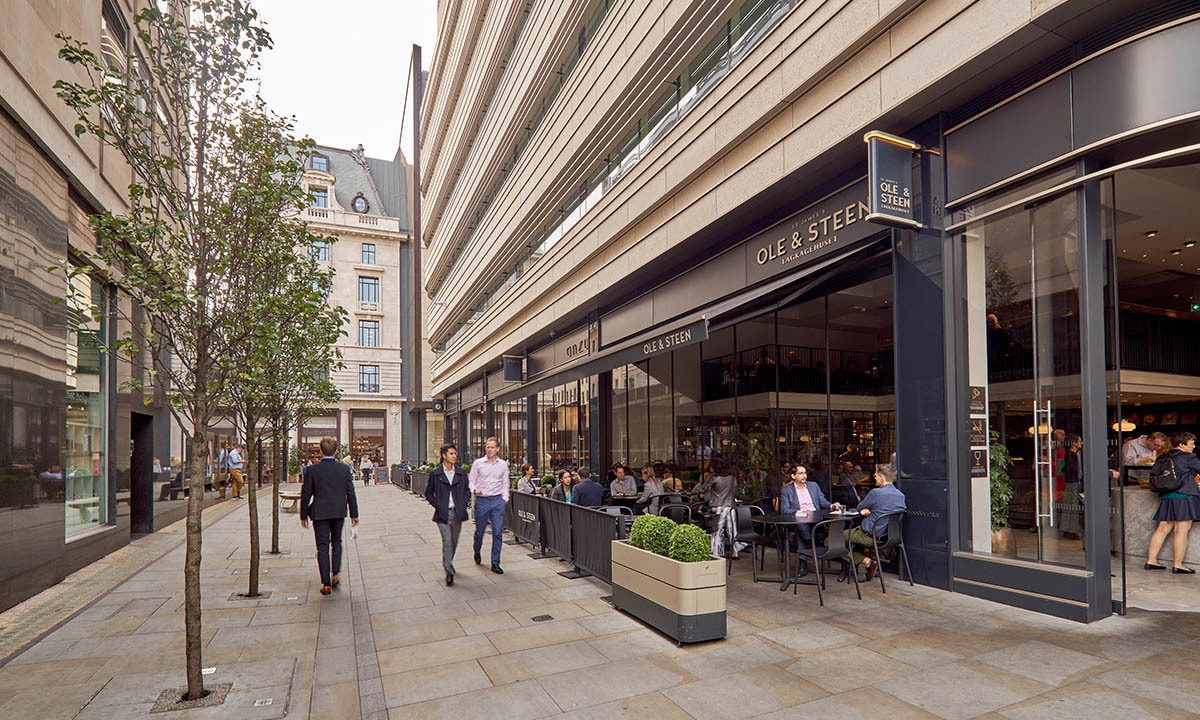 People walking along the path with restaurant behind