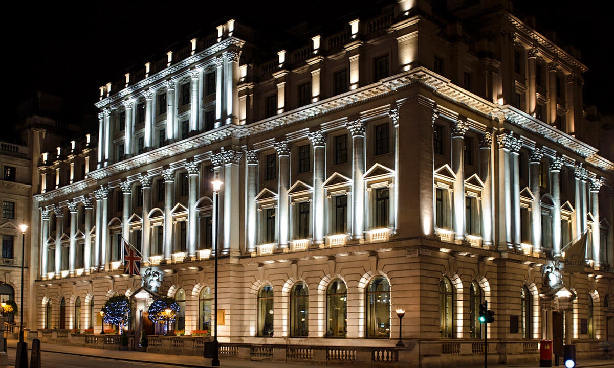 Nigh view with lite up hotel front