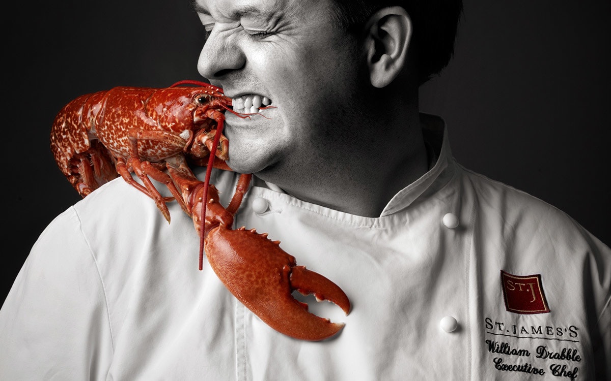 Red lobster on a mans shoulder