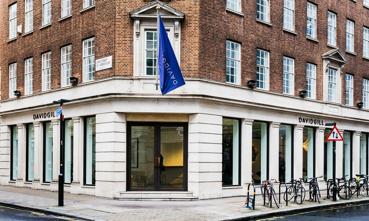 Front of gallery with blue flag