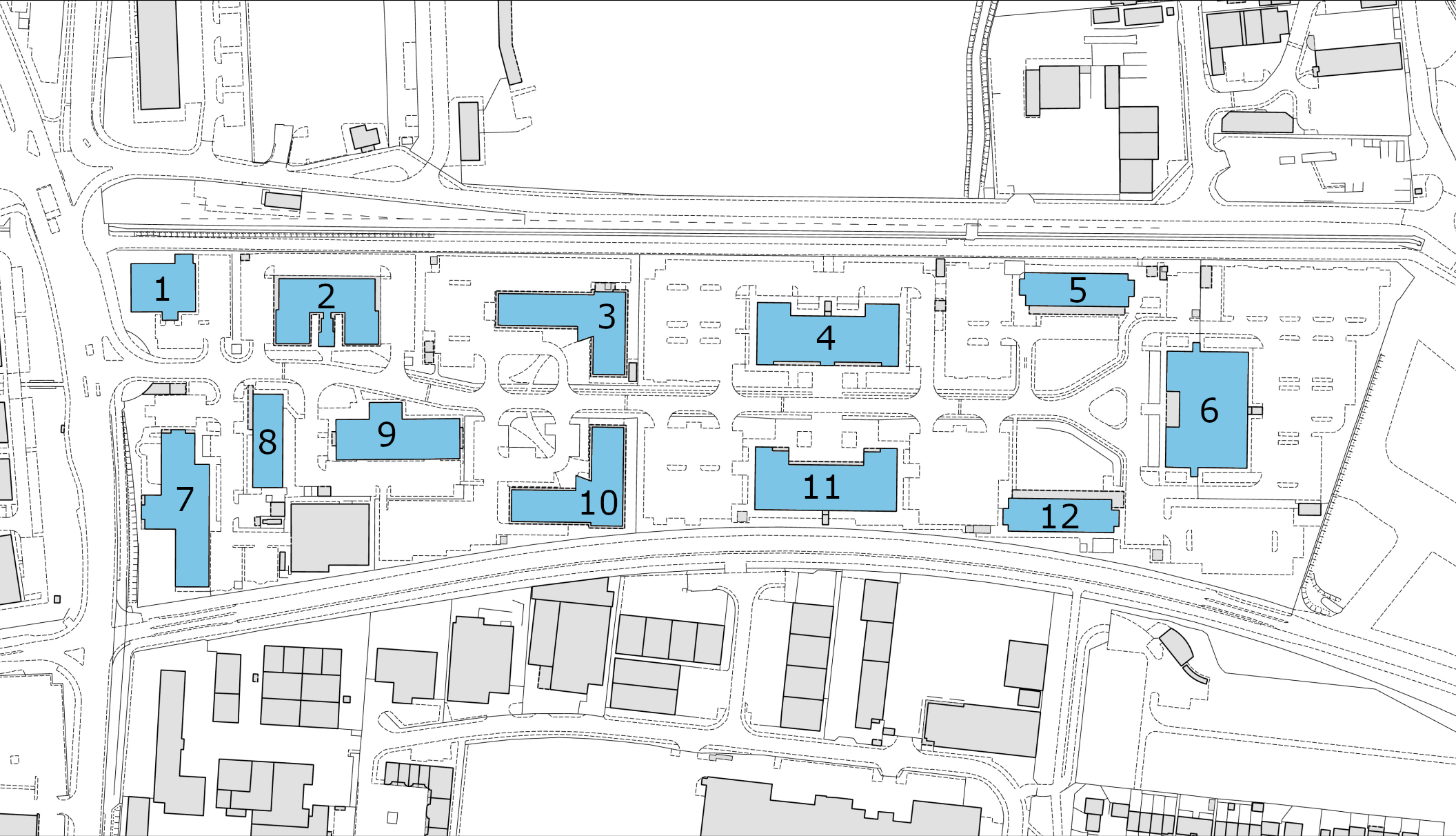 Map of building locations in blue