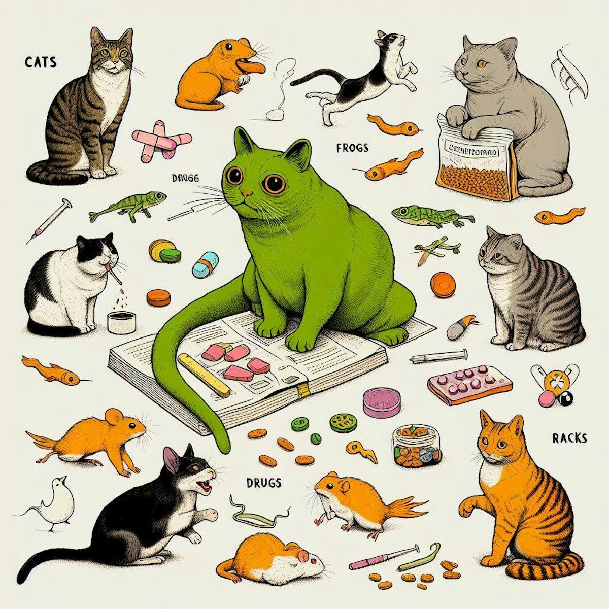 An image of cats, frogs, racks, drugs, and other things