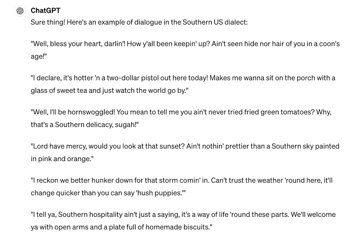 What ChatGPT thinks Southern English looks like