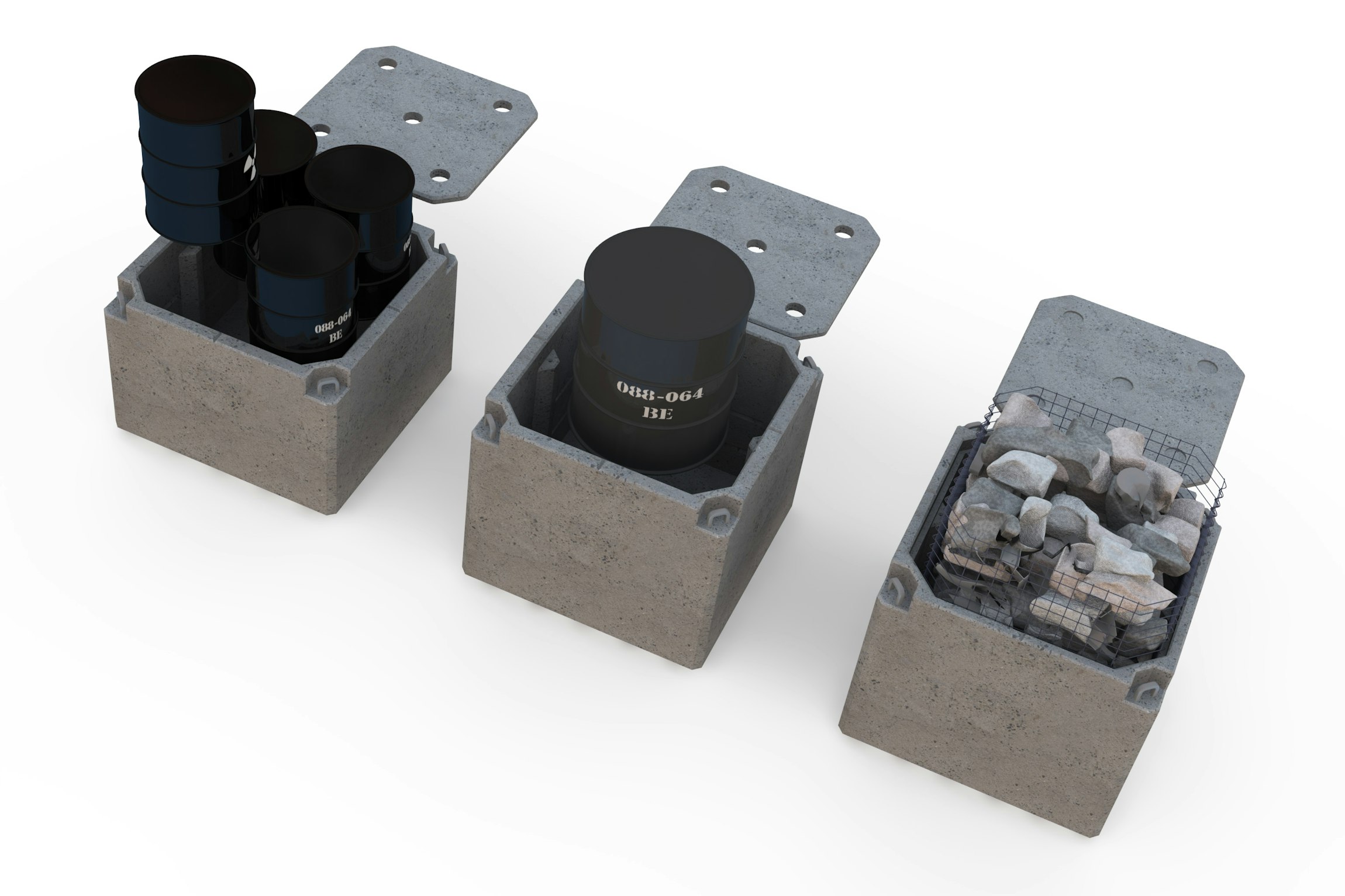Trois types de caissons