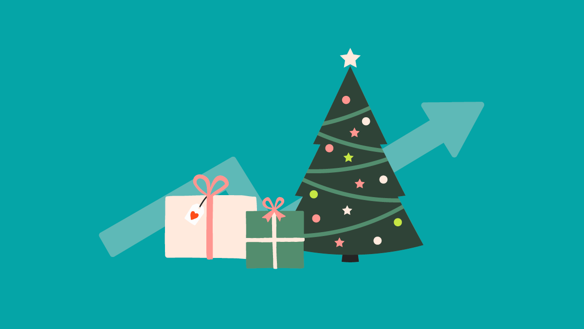 December TikTok Trends Blog Cover Illustration of holiday TikTok trends growth, featuring Christmas tree, gift boxes, and upward arrow representing viral December content.