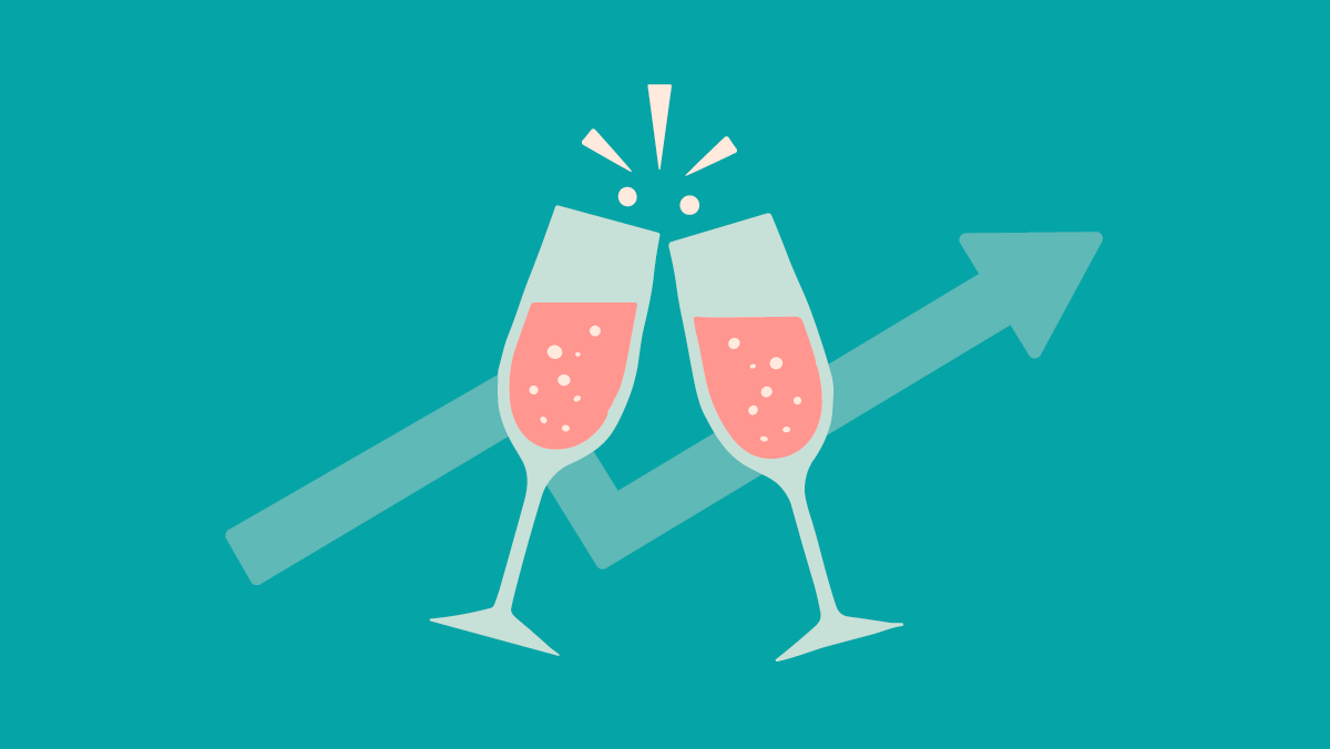 january-2026-tiktok-trends-thumbnail Two champagne glasses clinking in front of a rising growth arrow, symbolizing viral success and celebratory trends in January 2026 TikTok culture.