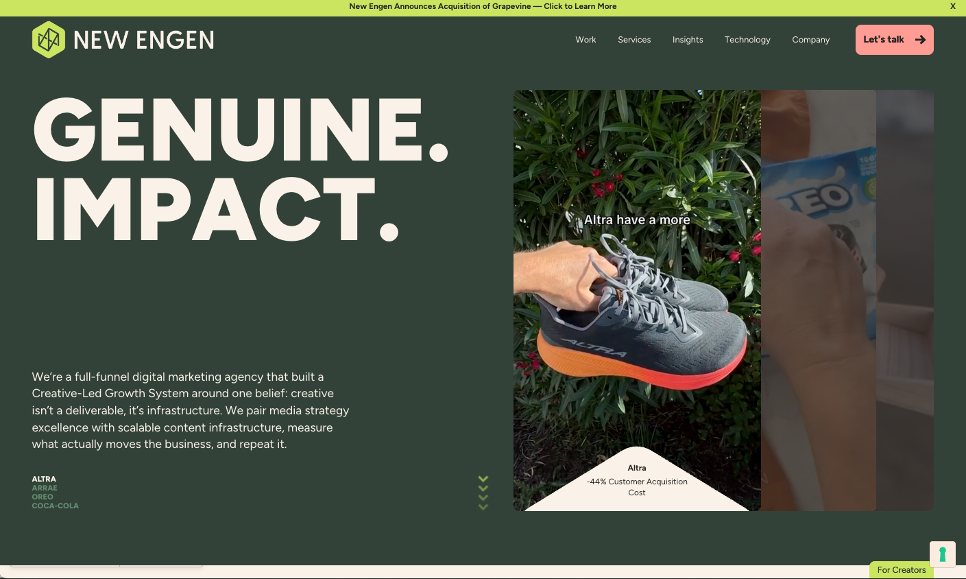 Screenshot of the New Engen homepage with the headline “Genuine. Impact.” and a video-style case study carousel featuring Altra.