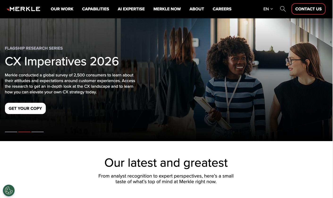 Screenshot of the Merkle homepage promoting its “CX Imperatives 2026” research series, with a call-to-action to get the report.