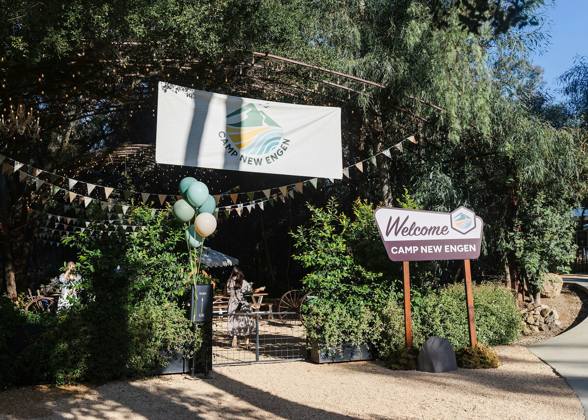 Camp New Engen 2026 Welcome Sign at Calamigos Ranch Welcome sign and Camp New Engen 2026 banner at the outdoor entrance to the marketing summit at Calamigos Ranch in Malibu.