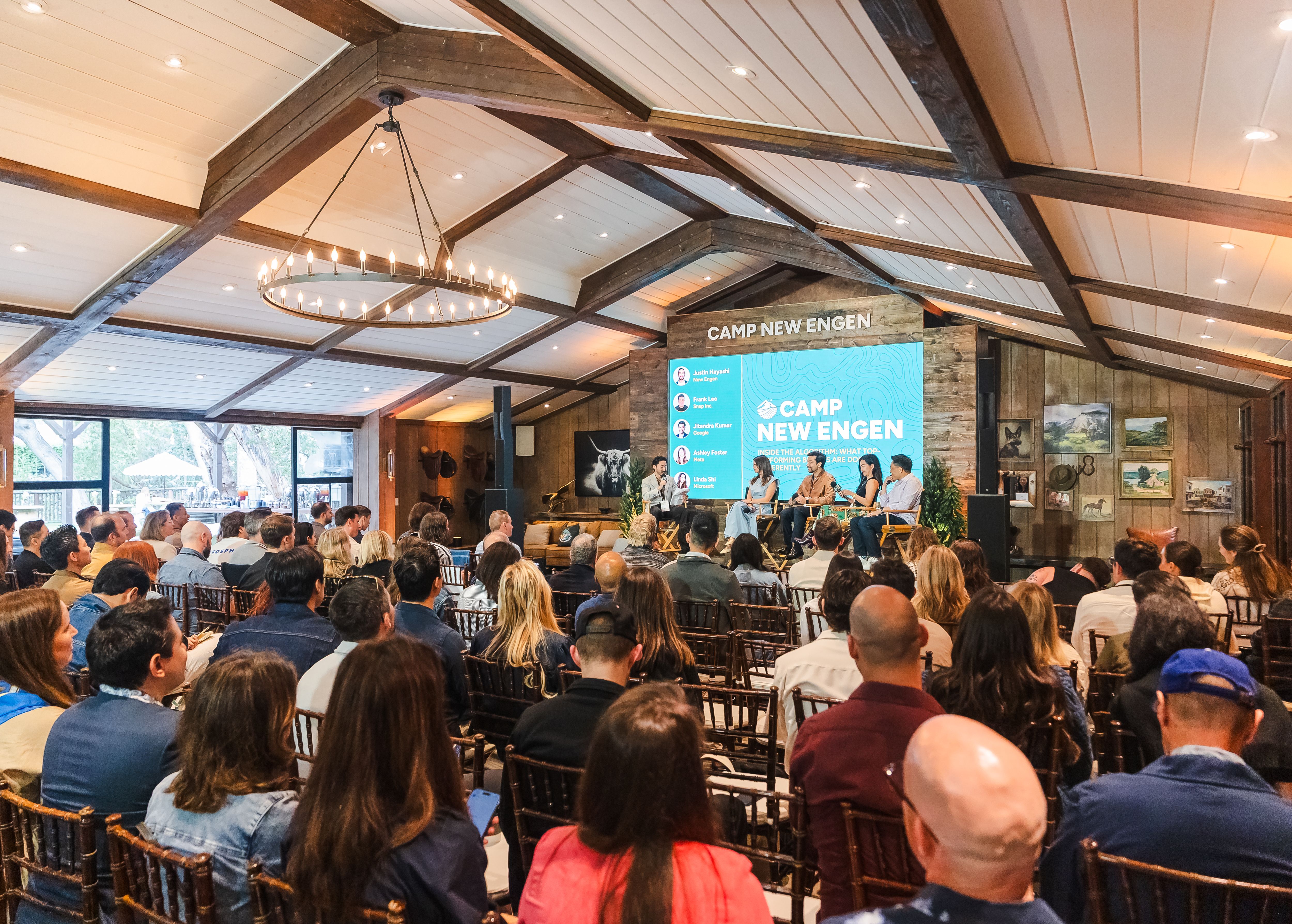 Panel discussion at Camp New Engen 2026 with marketing leaders speaking to an audience inside Calamigos Ranch in Malibu.