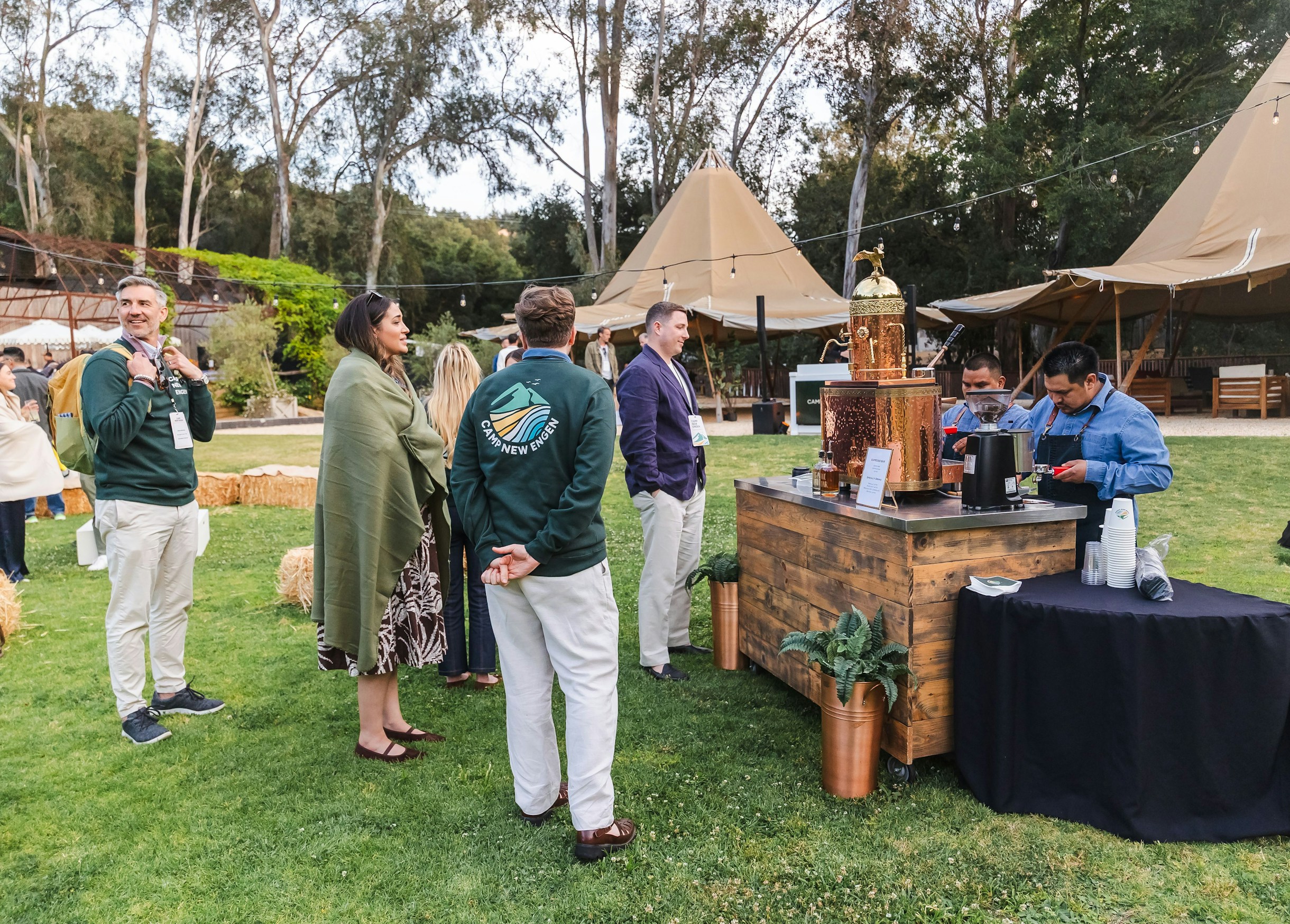 Camp New Engen 2026 Outdoor Networking Attendees networking outdoors at Camp New Engen 2026 during the retreat-style marketing summit in Malibu.