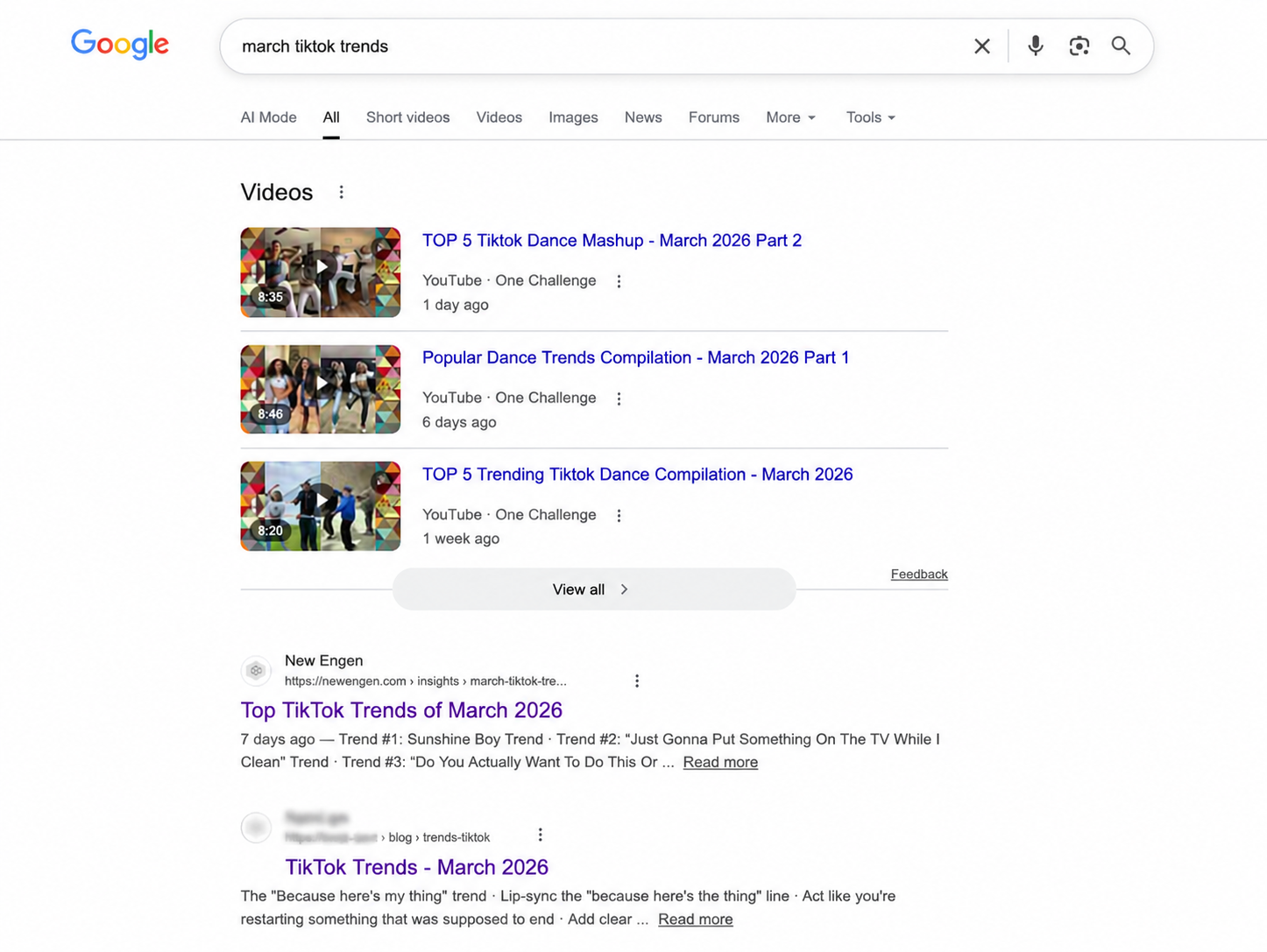 Google search results page for the query "march tiktok trends" showing New Engen's article Top TikTok Trends of March 2026 as the top organic text result, with a blurred competitor article appearing directly below it in the same search