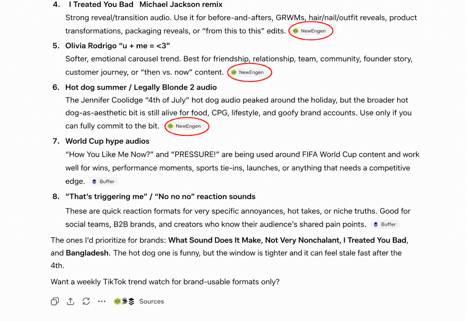 ChatGPT TikTok Trend Recommendations Citing New Engen as a Source Screenshot of a ChatGPT response listing TikTok audio trends for brands, with New Engen source citations circled in red appearing next to multiple trend recommendations including the I Treated You Bad Michael Jackson remix and Olivia Rodrigo formats