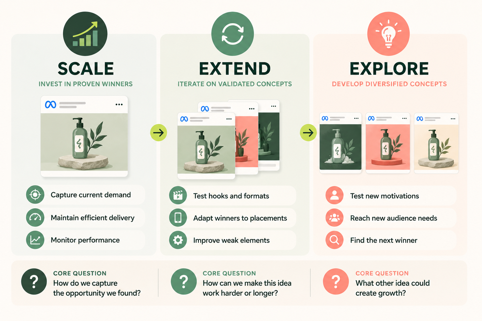 How Should Brands Structure a Meta Creative Portfolio? Meta creative portfolio framework with three stages: scale proven winners to capture demand, extend validated concepts through iteration, and explore diversified concepts to reach new audience needs and find the next winning idea.