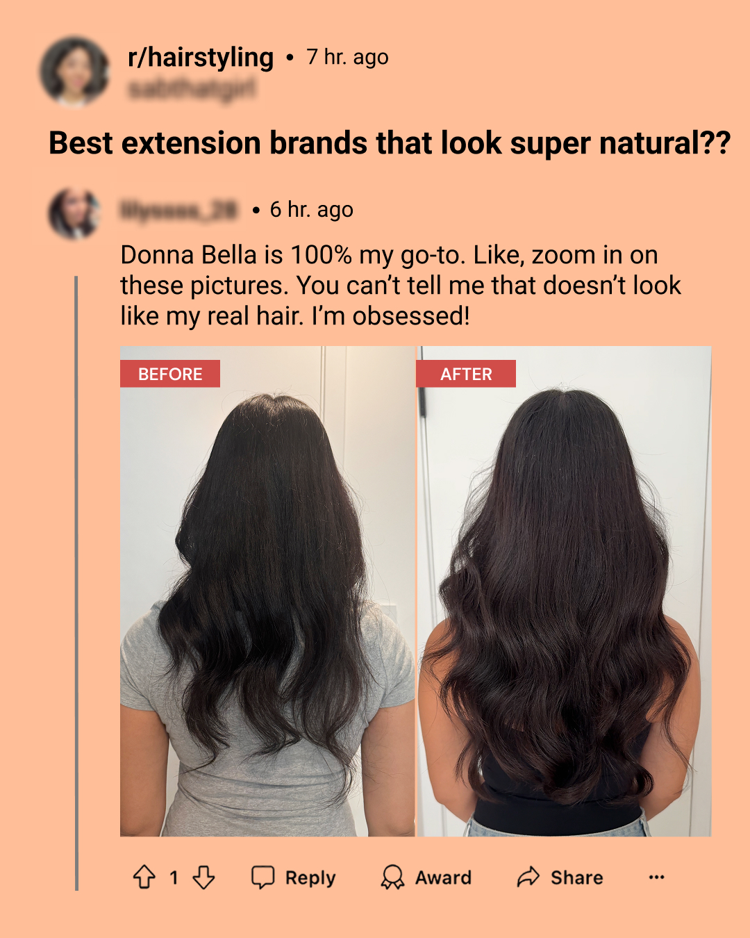 Reddit-style Donna Bella hair extension ad asking which extensions look most natural, followed by a peer-style recommendation and before-and-after hair photos.