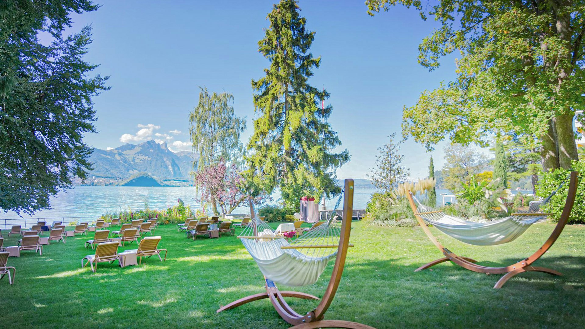 Hängematten im Park des Hotel BEATUS Hängematten auf Holzständern auf grüner Wiese, links davon Liegen, rundherum Bäume, dahinter der See