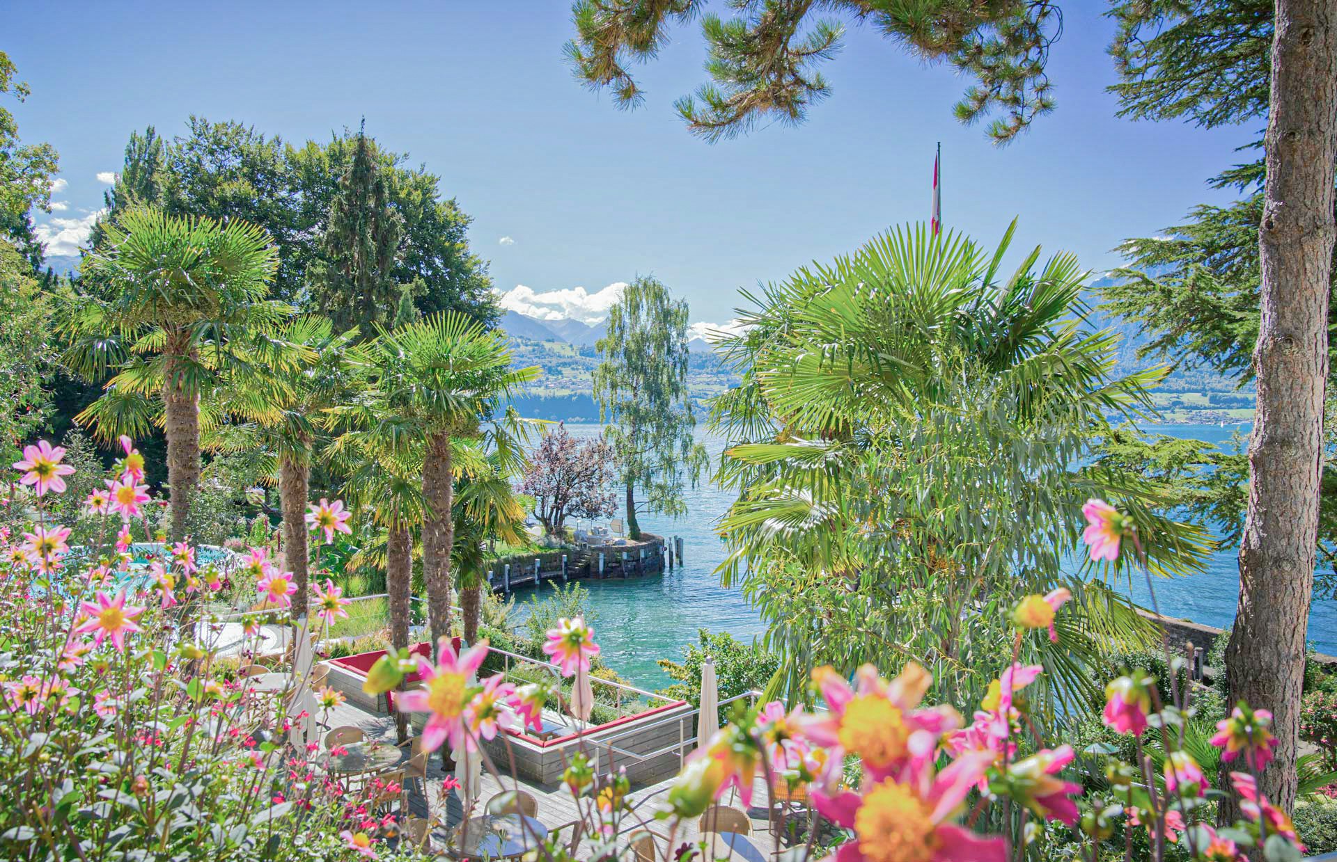 Palmen, bunte Blumen und Nadelbäume vor See
