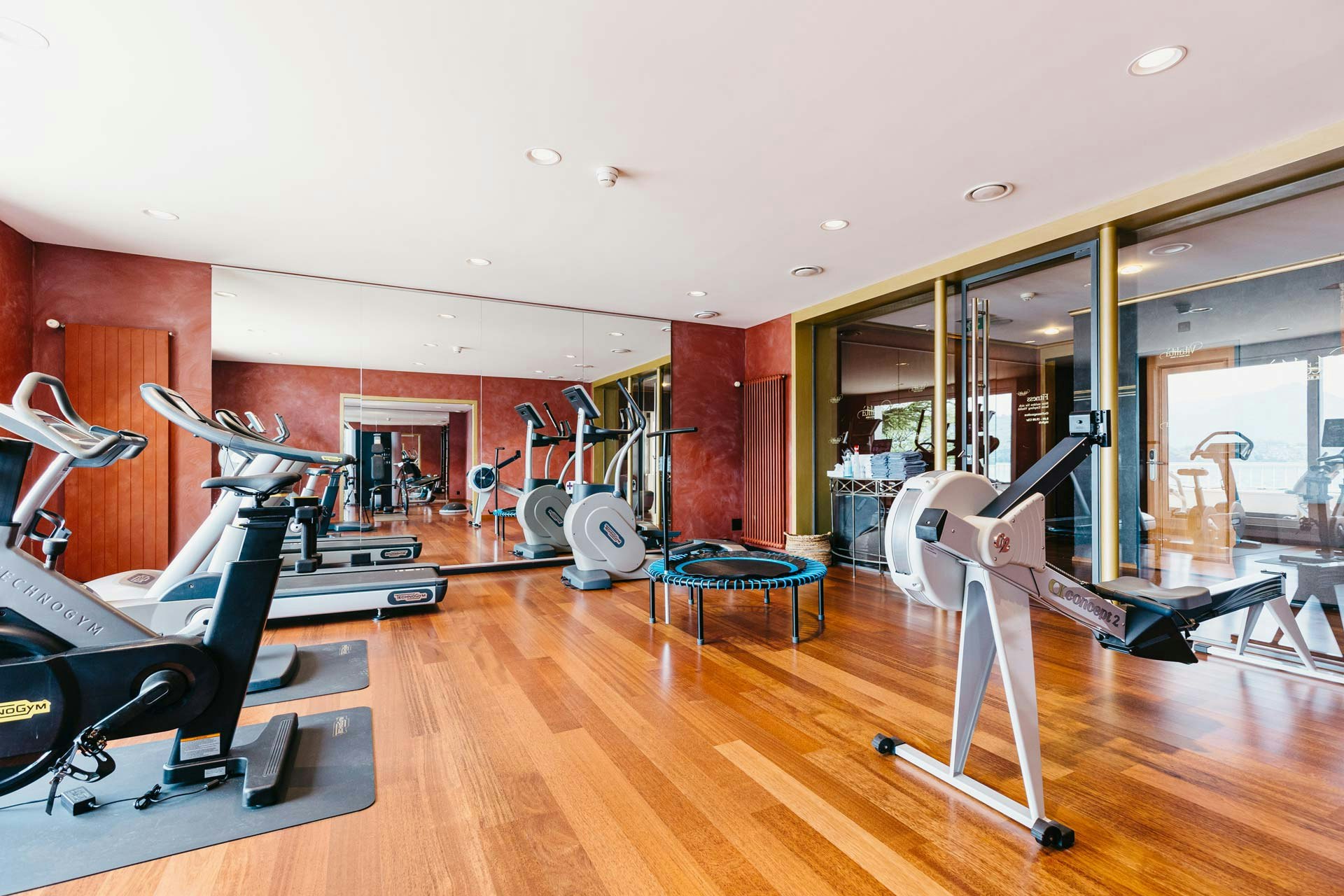 Salle avec sol en bois brillant, grand mur de miroirs et fenêtre panoramique avec divers appareils de fitness