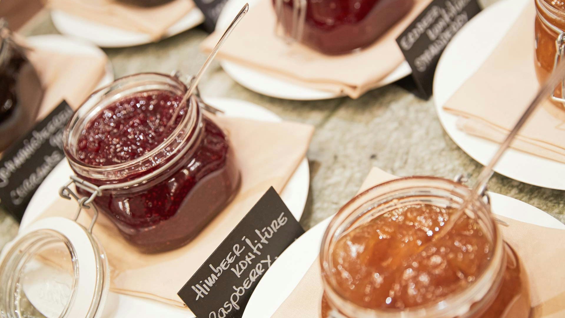 BEATUS Culinary Breakfast Buffet Breakfast buffet with different types of jam in a jar with spoon