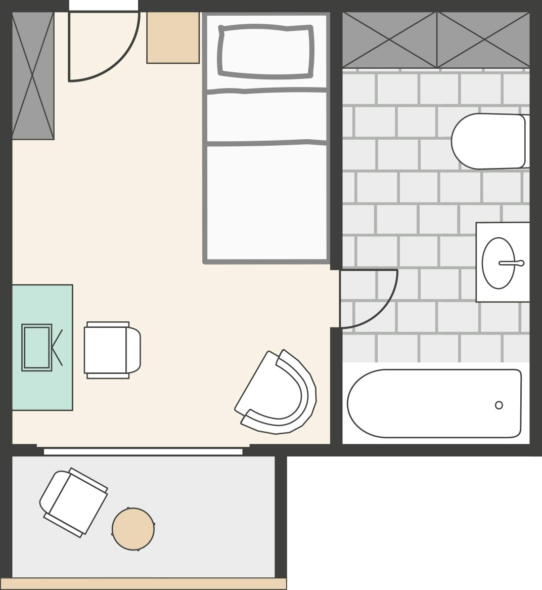 Grundriss des Rothorn Standardzimmers Grundriss mit Schlafzimmer, Balkon, Bad mit WC und Wanne