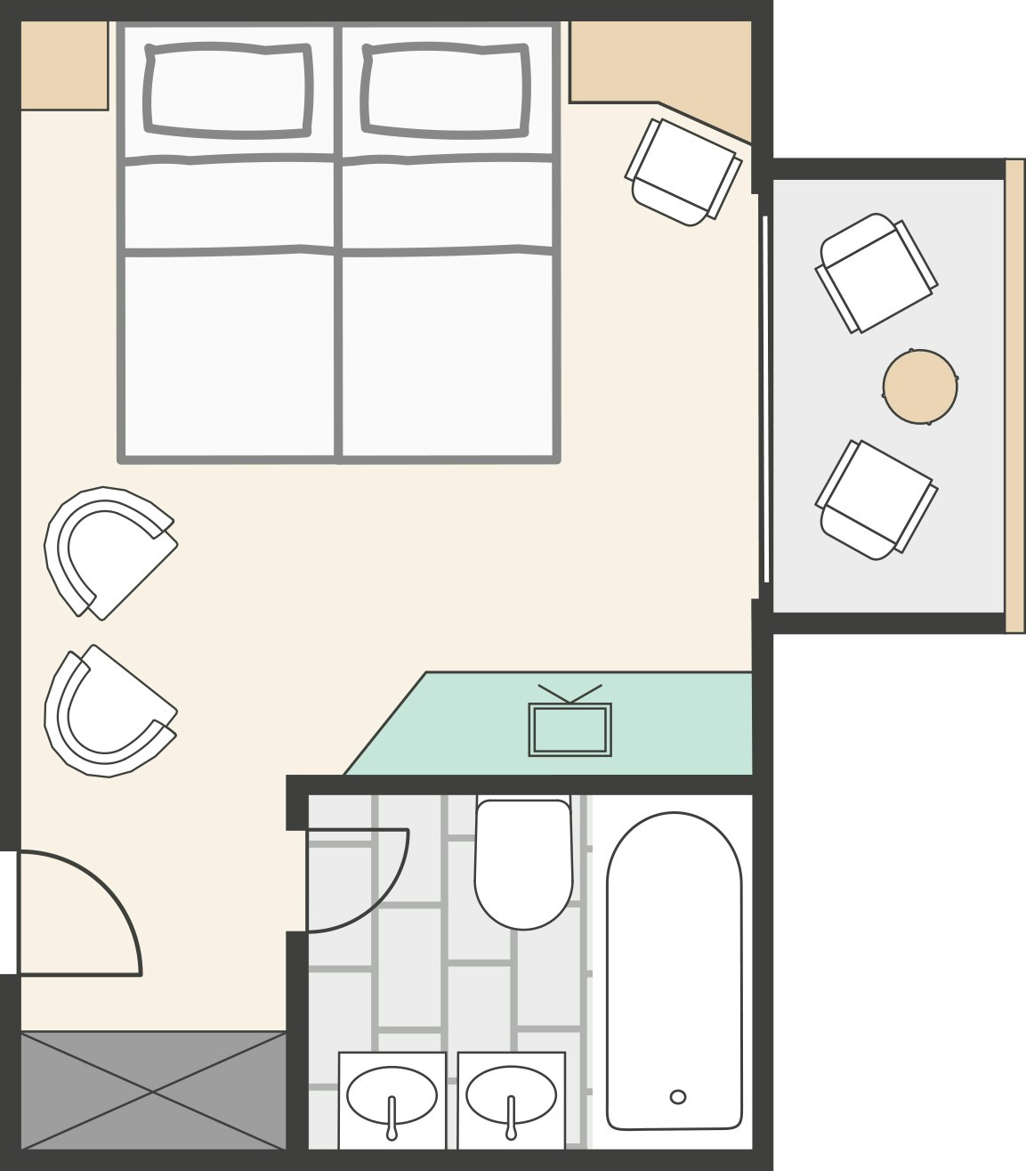 Bedroom with double bed, balcony, bathroom