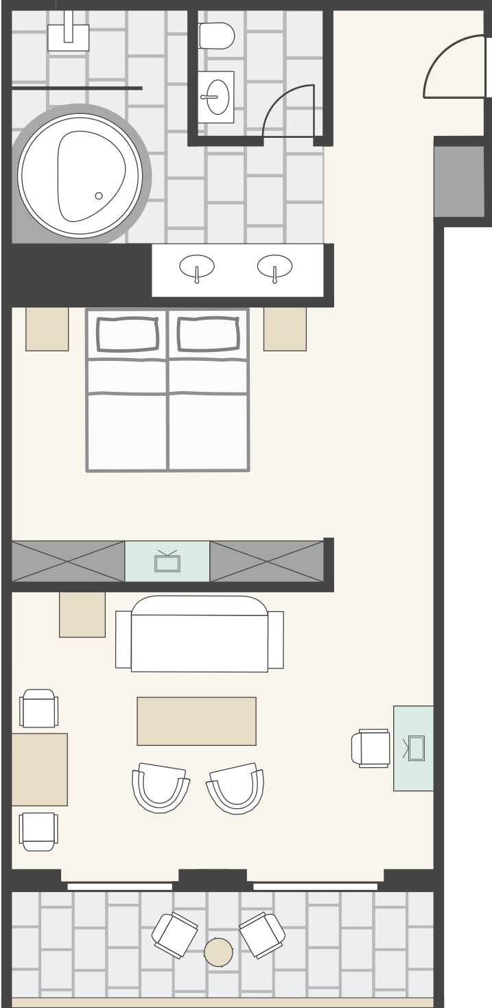 Plan de la suite bien-être salon, chambre à coucher, balcon, salle de bains, WC séparé