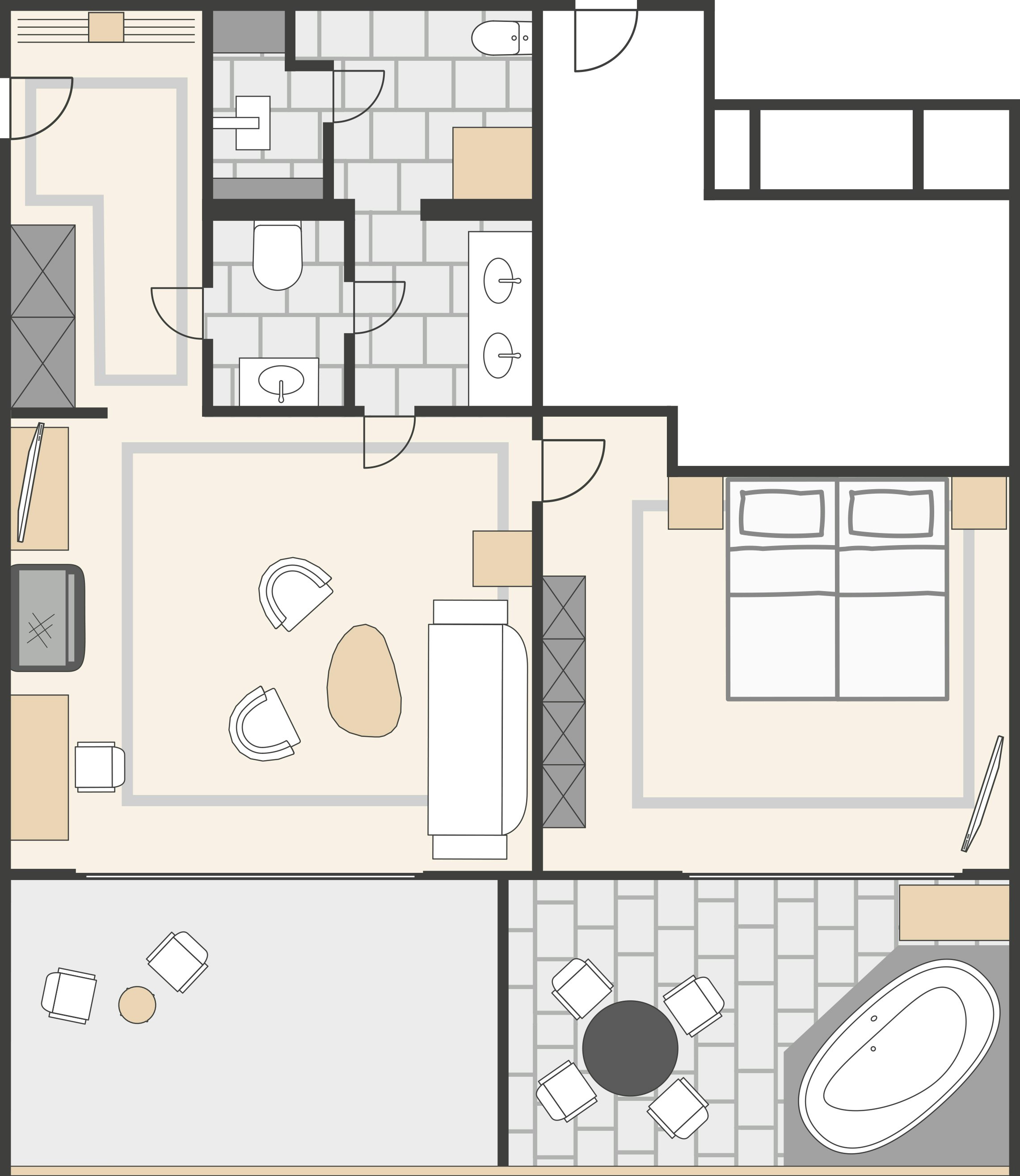 Floor plan of the Ermitage Suite Bedroom, living room, balcony, spa bath, bathroom with separate WC